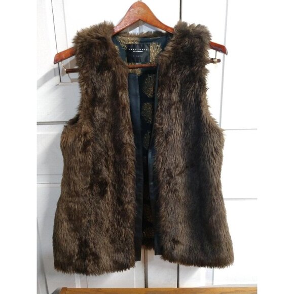 Sanctuary Womens Brown Faux Fur Vest With Gold Palm Print Lining Size M - Picture 1 of 8